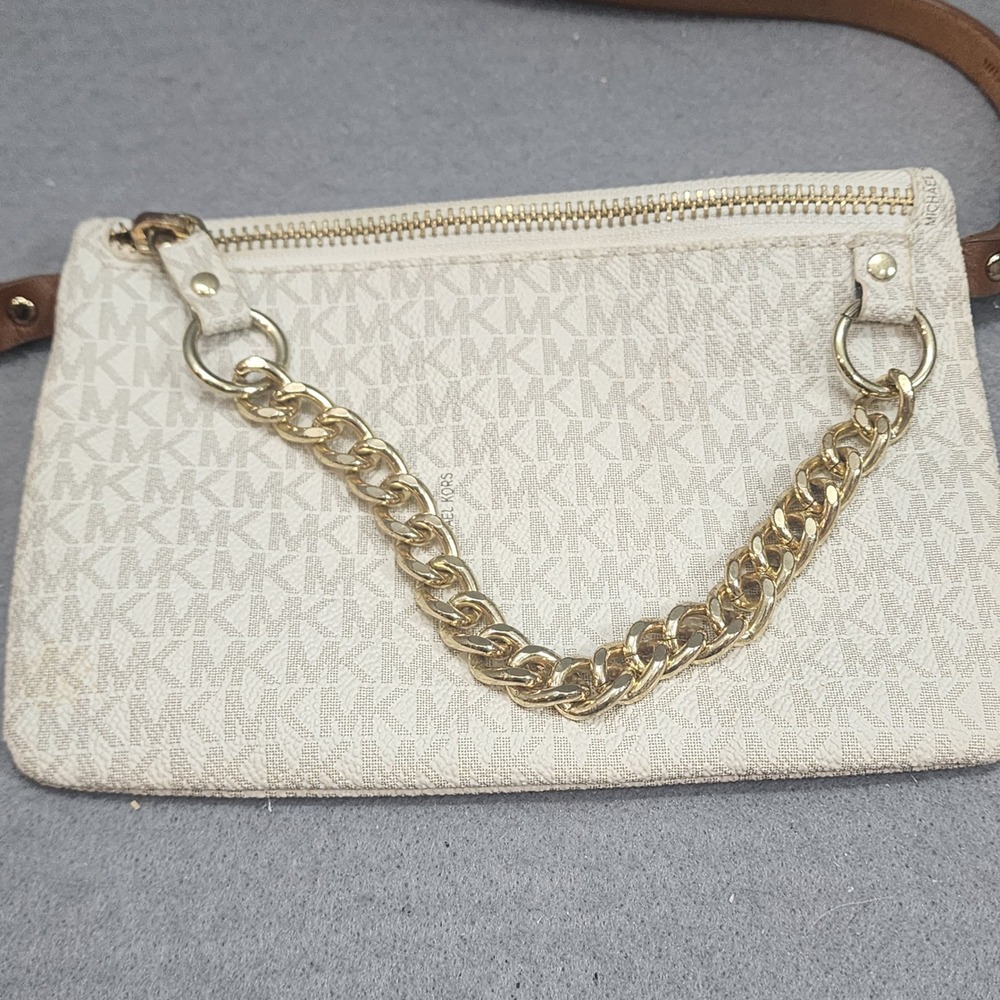 Michael Kors Belt Bag Vanilla Acorn Monogram Gold Chain Women Small
